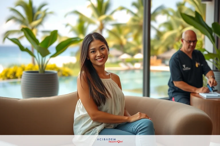 The image shows a woman sitting on the edge of a light brown sofa in an upscale indoor environment. She is smiling and appears to be engaged in a conversation with someone off-camera. Behind her, there's a person who looks like a hospital staff member dressed in a uniform.