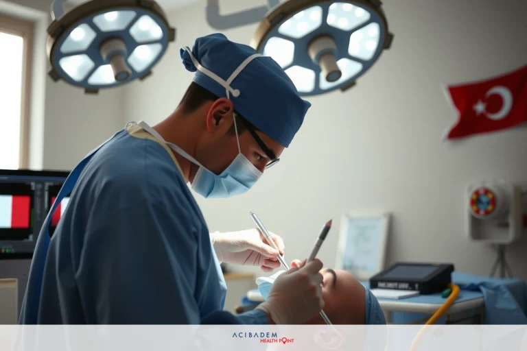 Turkey Rhinoplasty: Where to Go A medical professional wearing a blue surgical cap performs surgery in a hospital operating room. The surgeon is operating on the patient with precision instruments. Surgeon is focused and wearing full protective gear to maintain sterility in the environment.