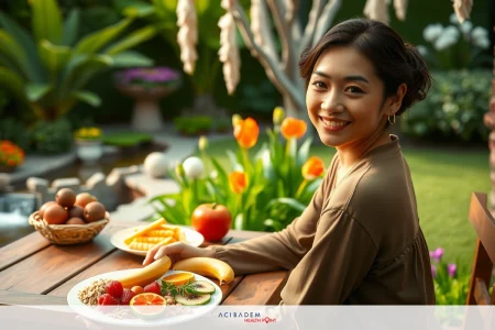 Smiling woman sitting at table with a plate of fresh fruit and vegetables. Blurry background suggests outdoor garden setting, possibly at a cafe or restaurant.