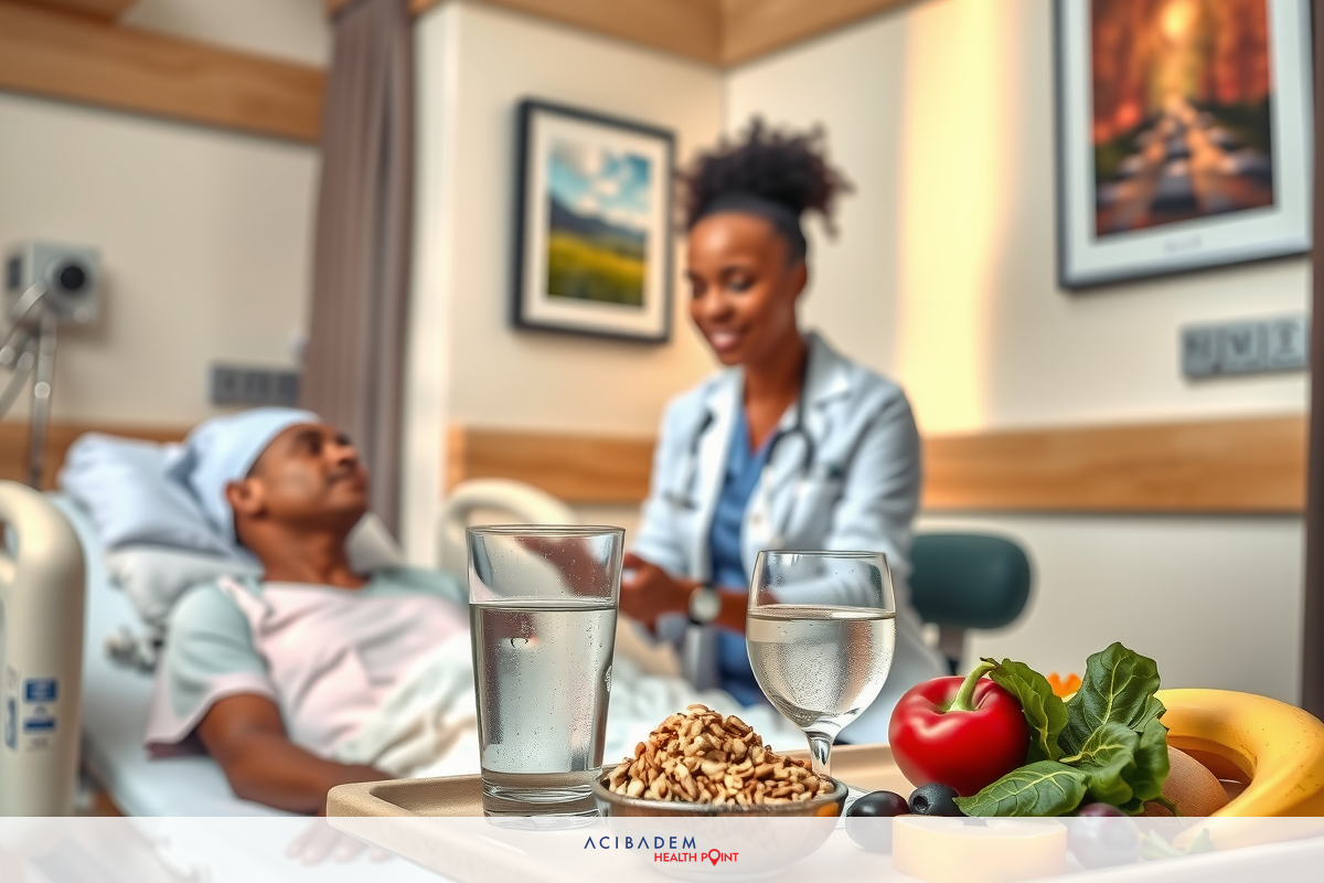 The image shows a hospital environment with a man lying in bed. A healthcare professional, possibly a nurse or doctor, is standing beside the patient, smiling and engaged in conversation. On the bedside table, there are several items including a water bottle, a bowl containing fruits such as bananas, tomato and plums, suggesting a focus on nutrition for the patient's recovery.