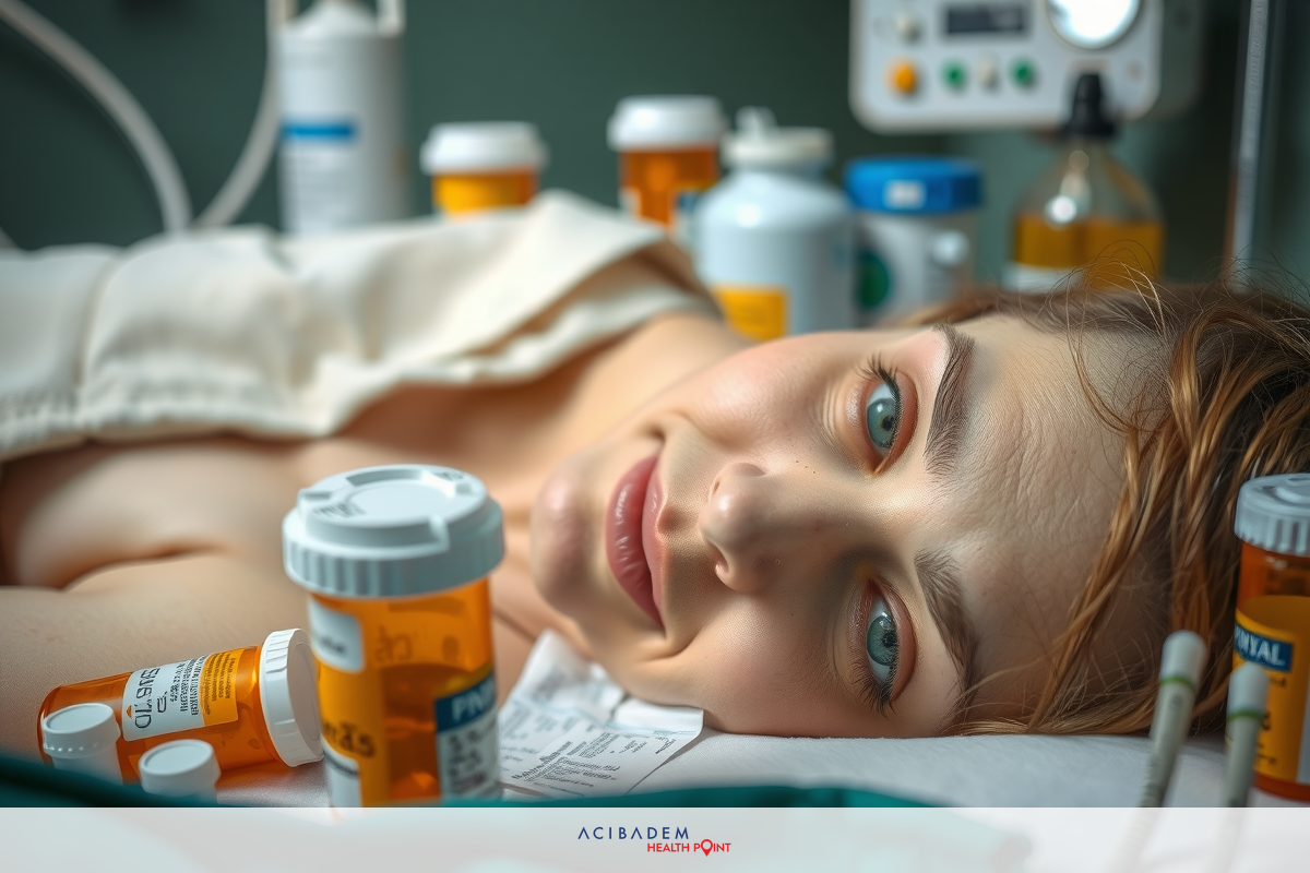 A woman lying in a hospital bed surrounded by numerous bottles of pills and medical equipment. Her expression is serious as she gazes off to the side, indicating a situation of health concern or treatment.