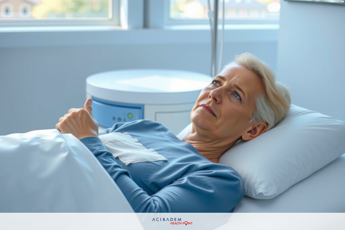 The image shows a woman lying in a hospital bed, appearing to be resting. The room has a sterile look with white walls and the bed is equipped with medical devices that suggest she might be undergoing medical observation.