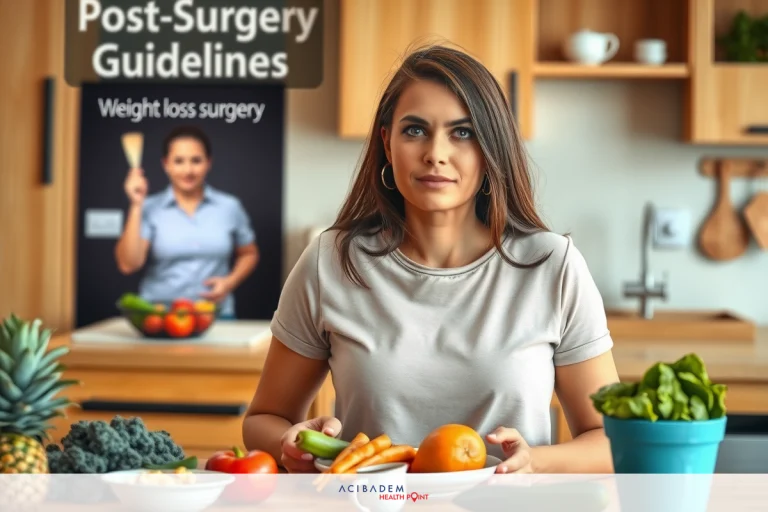 A woman in a kitchen, looking surprised, with a variety of fruits and vegetables on the counter in front of her. Post-surgery guidelines for diet and exercise are depicted above her.