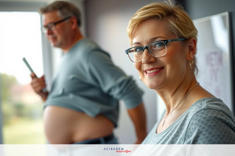 The image shows a woman with glasses standing next to an overweight man. The woman is smiling and seems to be looking at something on her left. They appear to be in an office setting. She is wearing glasses with black frames. The man's shirt has a grayish tone. Both are looking towards the camera. There is no text visible on their clothing.