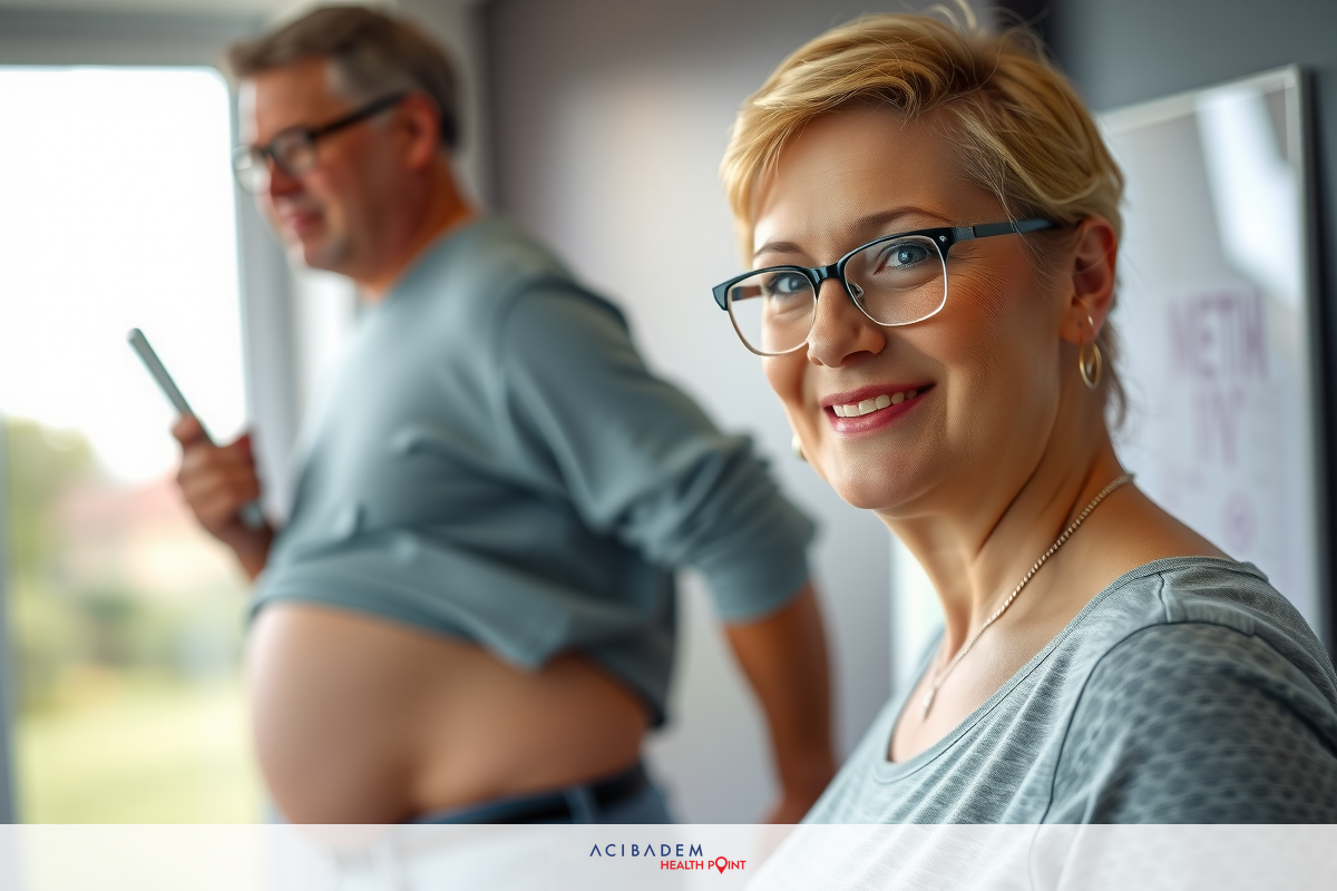 The image shows a woman with glasses standing next to an overweight man. The woman is smiling and seems to be looking at something on her left. They appear to be in an office setting. She is wearing glasses with black frames. The man's shirt has a grayish tone. Both are looking towards the camera. There is no text visible on their clothing.