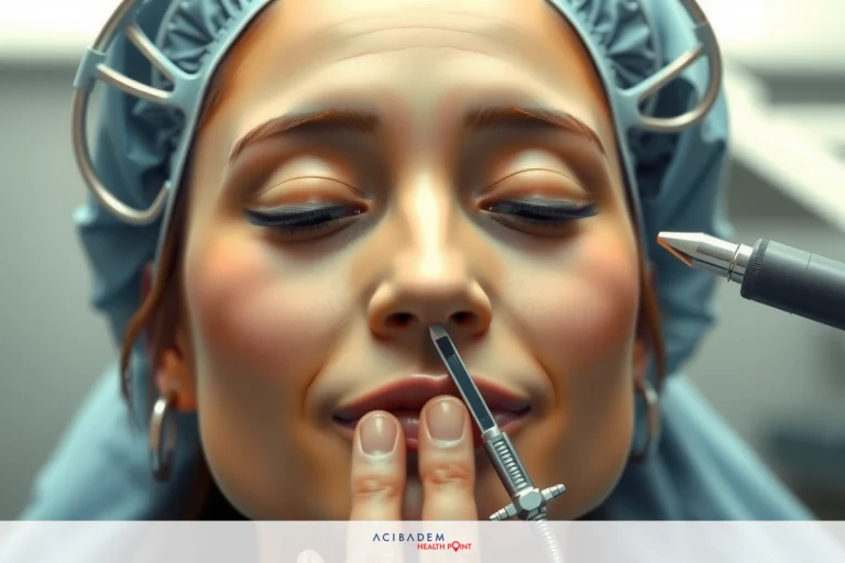 What is Closed Rhinoplasty Surgery? A woman wearing a surgical mask and hat is in an operating room. She is holding a medical equipment near her mouth, with her eyes closed.