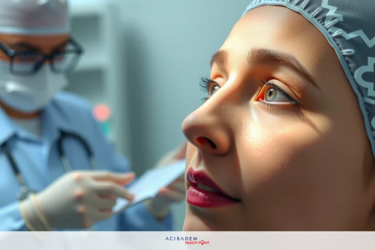 A woman sitting in a medical examination room with medical professionals wearing protective gear. The woman has her eyes opened while being checked by the doctor who are focused on their task.
