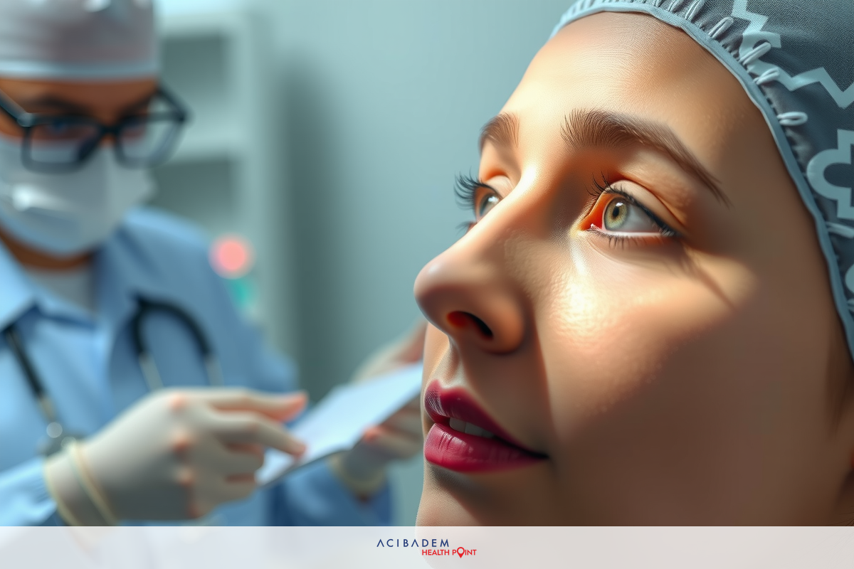 A woman sitting in a medical examination room with medical professionals wearing protective gear. The woman has her eyes opened while being checked by the doctor who are focused on their task.