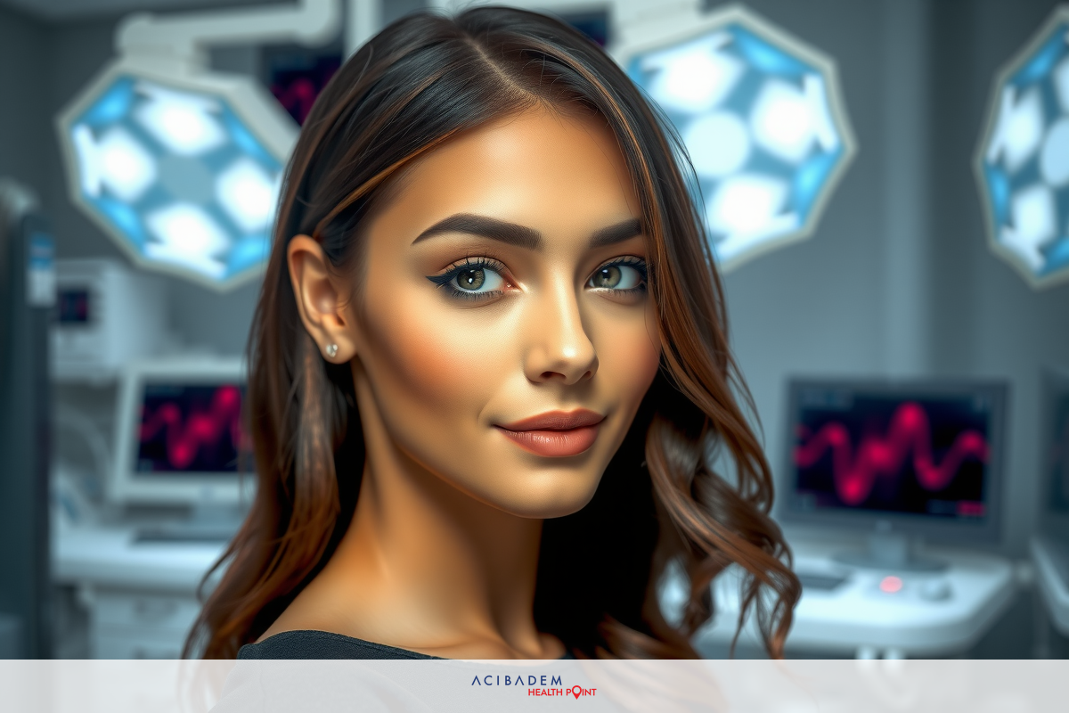 The image features a woman in a medical or technology-oriented setting. She has medium-length hair. The environment includes screens displaying graphs or charts, indicating a professional or scientific context.