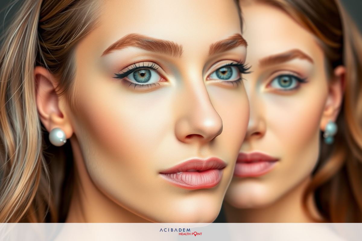 The image features a close-up of a woman's face, with her looking directly at the camera. The focus is on her eyes and lips, suggesting an emphasis on makeup and beauty features. She has fair skin, and her hair is pulled back in a classic style.