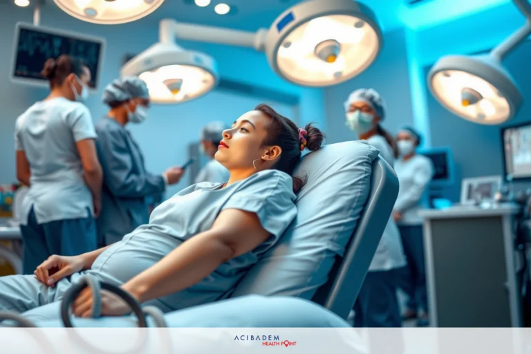 The image shows a woman lying on a hospital bed, possibly receiving medical attention. She is surrounded by multiple healthcare professionals, who are focused on her care. The room has various medical equipment and supplies commonly found in an operating room or intensive care unit.