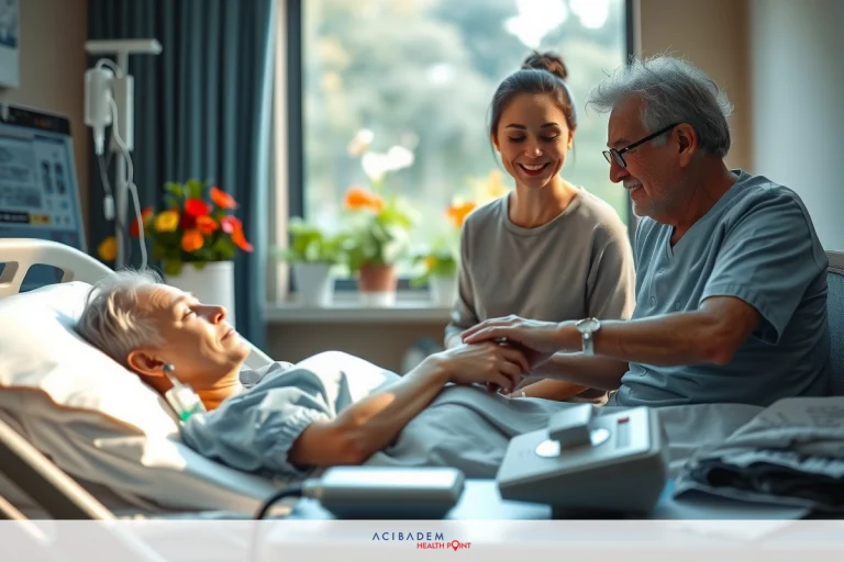 A patient in a hospital bed surrounded by medical staff. The woman and older man, possibly family members, are comforting the patient who is smiling.