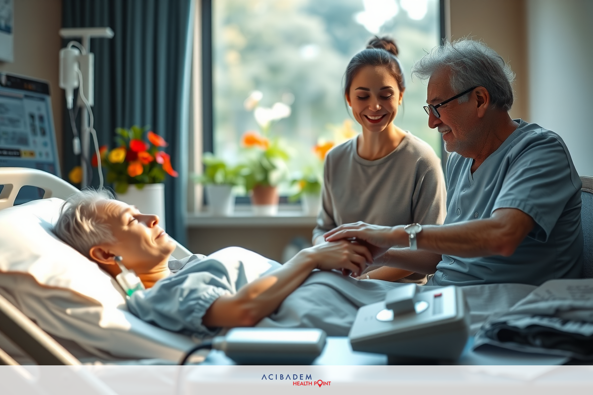 A patient in a hospital bed surrounded by medical staff. The woman and older man, possibly family members, are comforting the patient who is smiling.