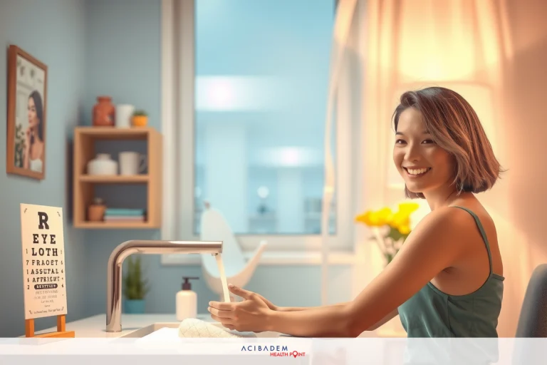 What Should I Avoid After Laser Eye Surgery The image depicts a cheerful woman seated at a desk with an eye test sign on it. She is washing his hands and appears to be in a well-lit, modern office environment. The room has a clean look with natural light coming through the window behind her.