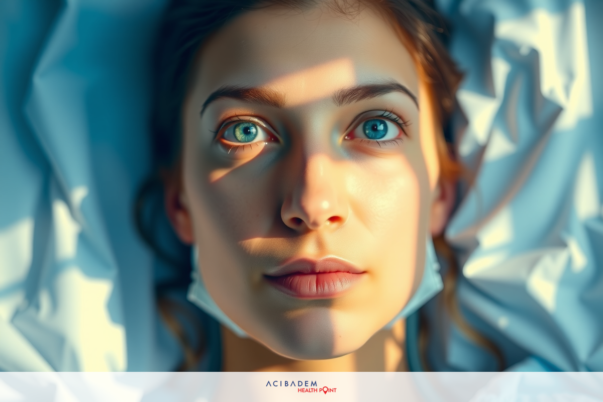 The image features a close-up of a person's face, possibly a woman with a gentle expression. Her eyes have a striking blue color that stands out in the image. The person is resting their head on what appears to be a pillow or a soft surface.