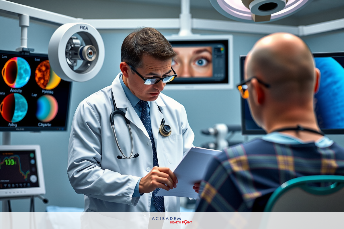 The image depicts a medical consultation scene with two individuals in what appears to be a modern, well-equipped examination room. A physician, dressed in professional attire including a white coat, is standing and holding a clipboard. The patient is seated across from the doctor on an examination table, looking towards the camera with a neutral expression.