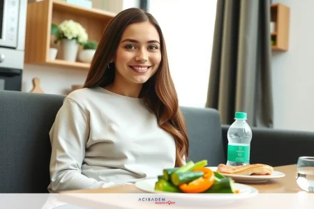 A woman sitting at a dining table with food and a bottle of water, smiling. The environment suggests a casual mealtime in a comfortable interior setting.