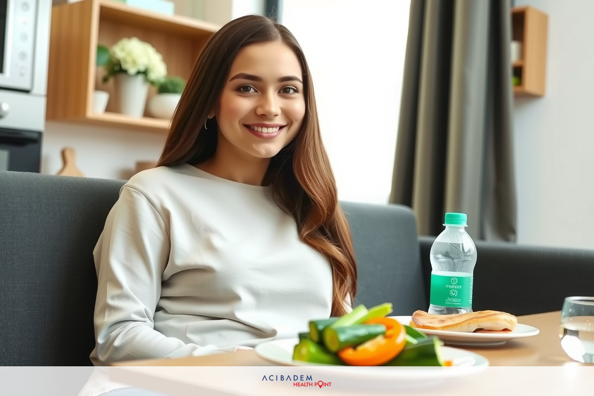 A woman sitting at a dining table with food and a bottle of water, smiling. The environment suggests a casual mealtime in a comfortable interior setting.