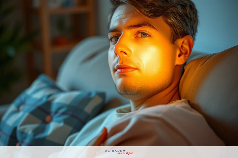 In the image, a man is reclining on a couch with his head resting gently against a pillow. The room has a dim ambiance, creating a serene and relaxed atmosphere. He appears to be in thought or perhaps contemplating something. His facial expression suggests deep concentration. The soft light from an unknown source illuminates him, casting gentle shadows on his face.