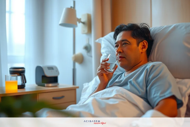 A man lying in a hospital bed, looking serious. He is wearing a blue medical gown and is surrounded by typical hospital room elements such as a window, and medical equipment.