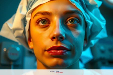 The image depicts a person wearing a surgical cap, likely in an operating room setting. The person has a neutral expression and is looking slightly upward rather than directly at the camera.