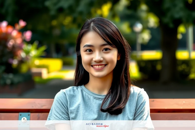 The image features a young woman sitting on a bench in an outdoor park setting. She is smiling and wearing casual attire consisting of a gray top. The scene has a bright, sunny ambiance with greenery around the park.