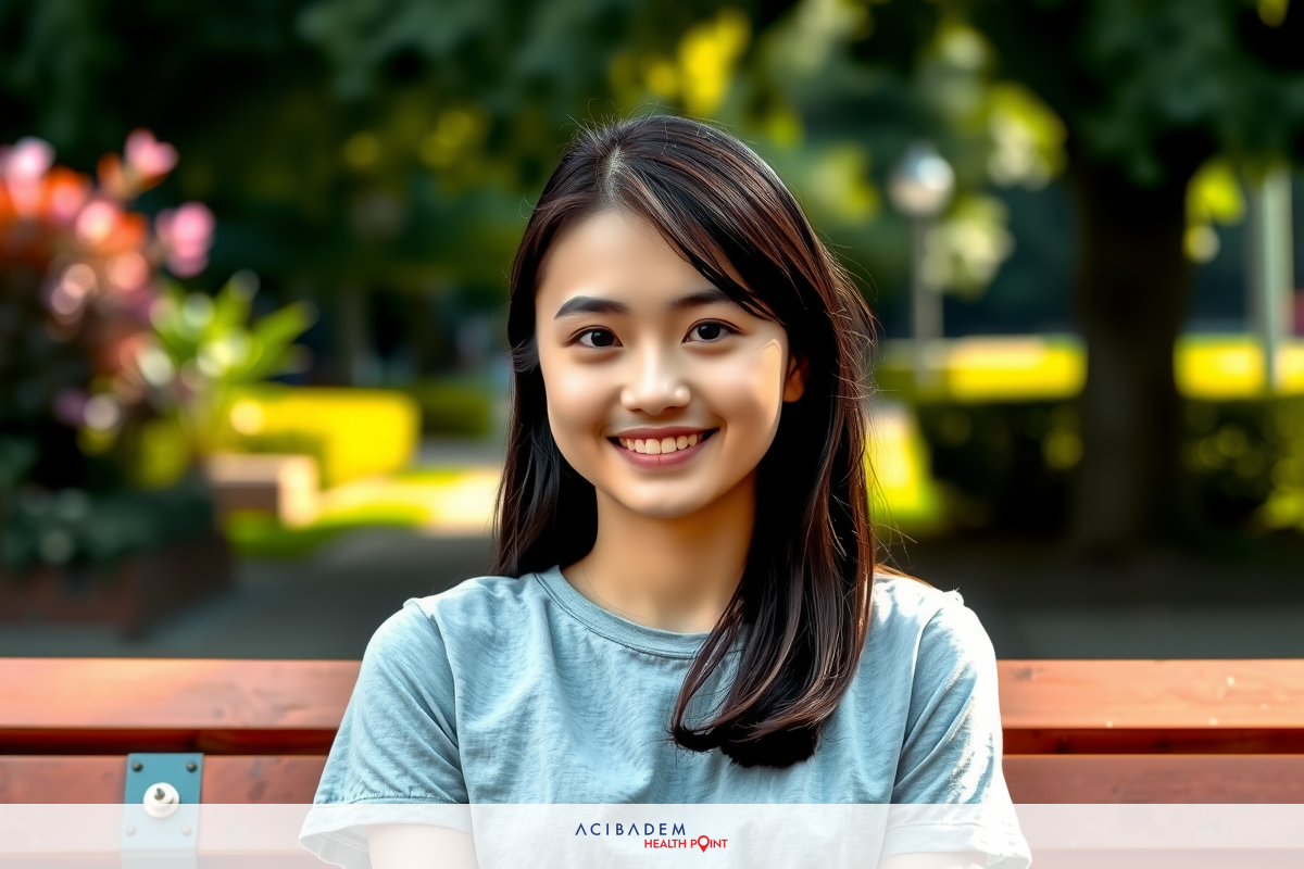 The image features a young woman sitting on a bench in an outdoor park setting. She is smiling and wearing casual attire consisting of a gray top. The scene has a bright, sunny ambiance with greenery around the park.