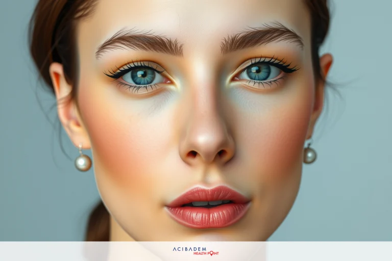 A close-up of a woman's face with makeup accentuating her eyes and lips. Her eyebrows are well-groomed, and her skin is fair. The overall look suggests she has received professional makeup application, possibly for a portrait or advertisement.