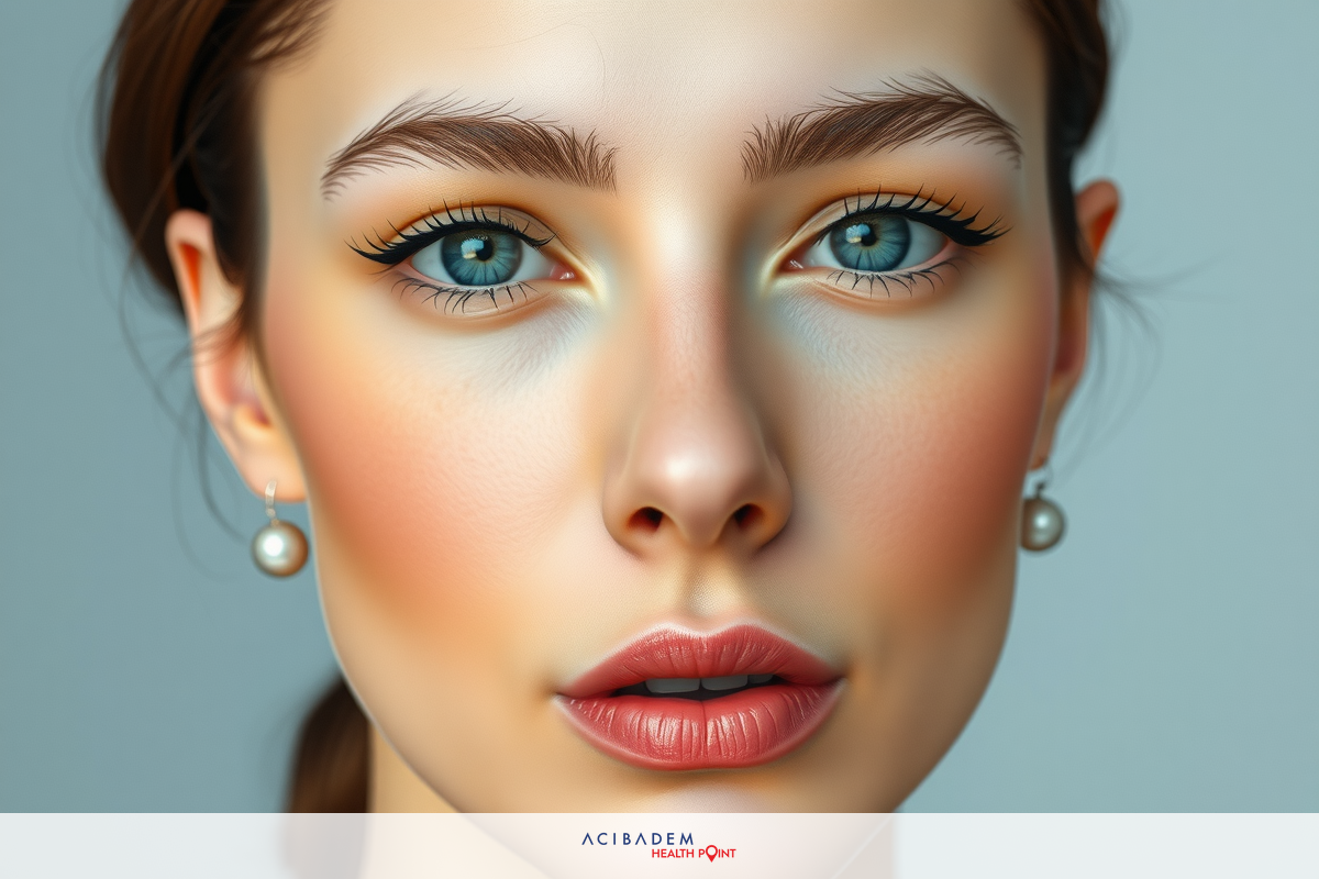 A close-up of a woman's face with makeup accentuating her eyes and lips. Her eyebrows are well-groomed, and her skin is fair. The overall look suggests she has received professional makeup application, possibly for a portrait or advertisement.