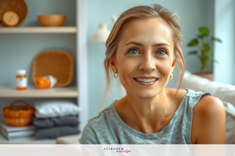 The image shows a woman in an indoor setting. She is smiling and appears to be engaged in a conversation or sharing her thoughts. Her hair is blonde and she's wearing a light-colored top. The room has a cozy atmosphere with furniture like a couch and a shelf visible.