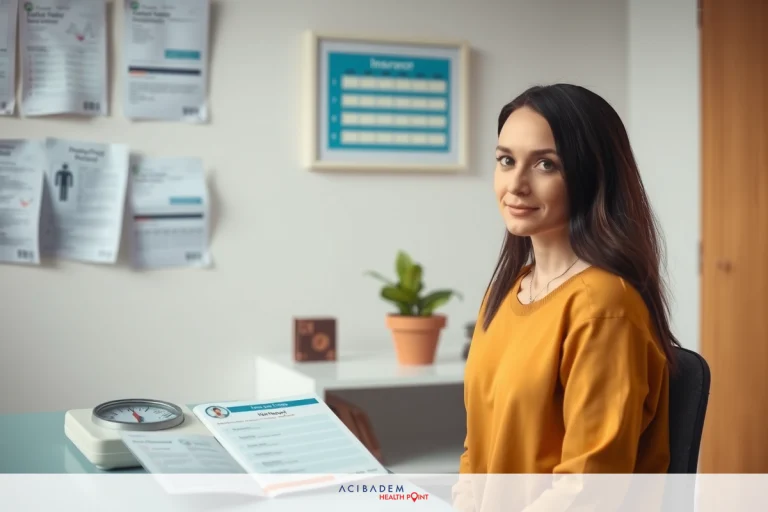 A woman in an office environment, sitting at a desk with various papers and computer equipment. She is wearing a yellow blouse and appears to be looking off to the side with a focused expression.