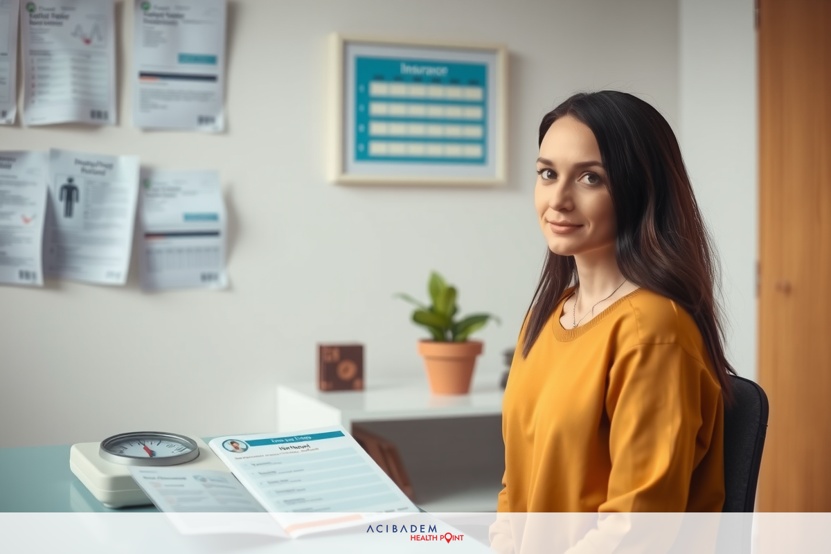 A woman in an office environment, sitting at a desk with various papers and computer equipment. She is wearing a yellow blouse and appears to be looking off to the side with a focused expression.