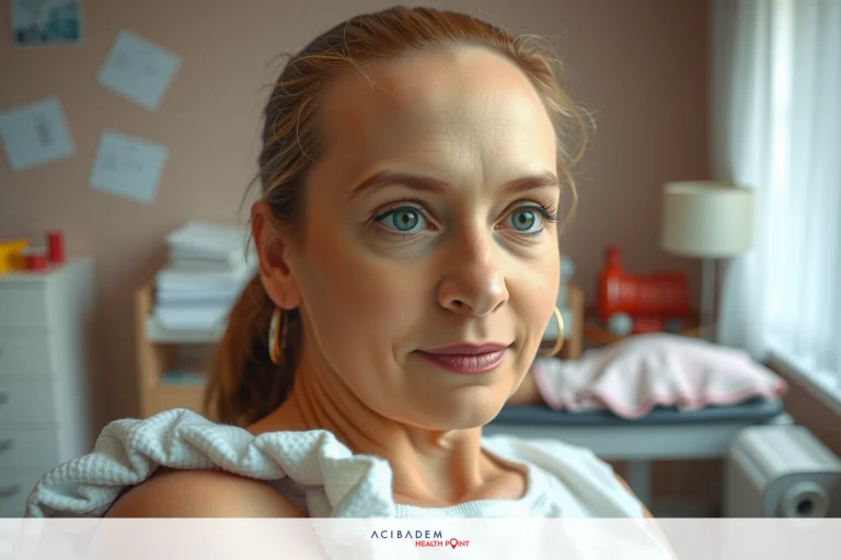 How Long is Recovery After Knee Arthroscopy? A woman with a thoughtful expression looking to her left. She has blonde hair, is wearing makeup, and is dressed in a white shirt that features some ruffles. The room appears to be an office or home setting with a desk and window in the background.