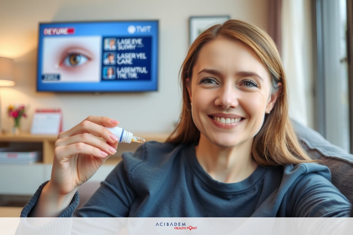 A woman sitting on a couch holding an eye drop bottle. She is smiling and looking at the camera while in her living room, which has a flat screen TV in the background.