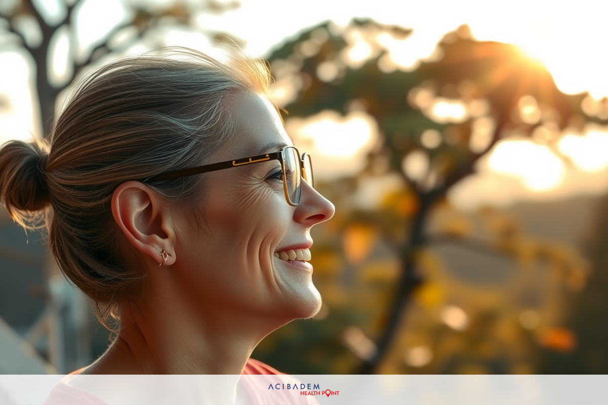 A woman sitting outside, wearing glasses and smiling. She is wearing a red top and looking over her shoulder with the sun setting in the background.