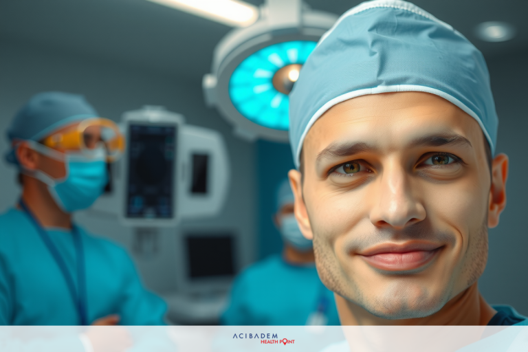 The image shows a man wearing medical scrubs and standing in an operating room. He is smiling at the camera. The room has various medical equipment, such as a patient monitor and a ventilator, indicating that this is a healthcare environment.