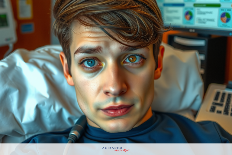 Young adult male with striking blue eyes lying in a hospital bed. He's wearing a medical gown and appears to be hooked up to monitoring equipment. The room is clinical, indicating he might be sick or recovering from an illness or injury.