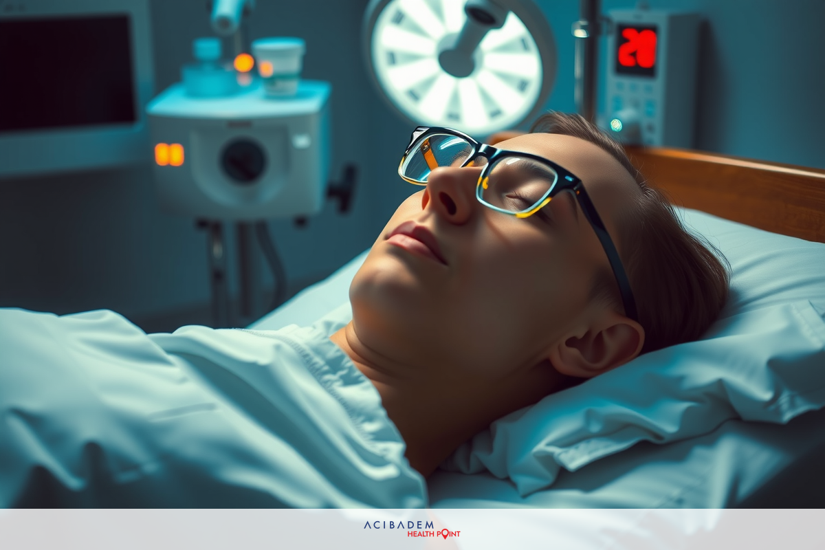 A woman lies in a hospital bed with her eyes closed. She is wearing glasses and appears to be staring thoughtfully at the ceiling.