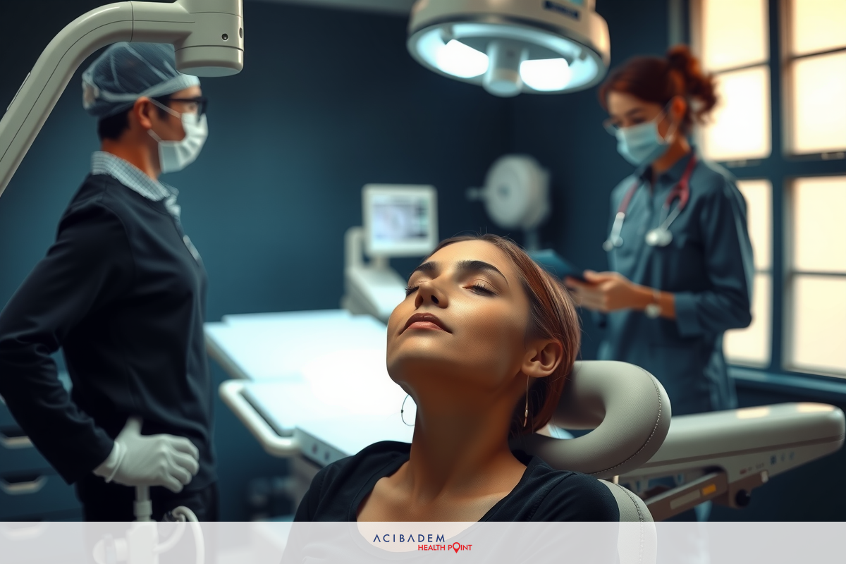 A medical professional is performing a routine checkup on a patient. The patient is seated and appears relaxed with his eyes closed.