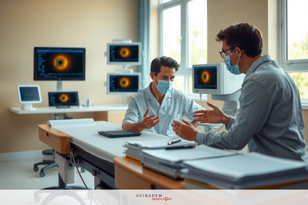 The image shows a doctor's office setting. Two doctors are engaged in conversation, with one seated and the other standing. They appear to be discussing a patient's medical condition, as indicated by the images of a eye on a monitor.