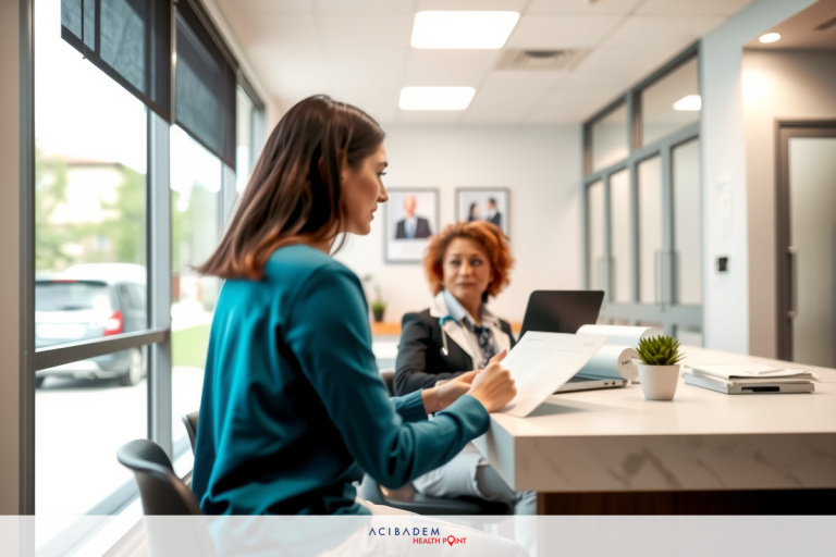 Can You Claim Laser Eye Surgery on Taxes Canada Two women in a modern office building, engaged in a business meeting. One woman is seated at the desk while the other stands beside her. The desk holds laptops and papers.