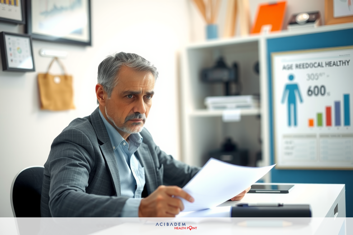 This is a photograph of a middle-aged man sitting at his desk, focused on reading or writing. He has graying hair and appears to be concentrating. The environment suggests a professional office setting with white walls, shelves, and various charts and posters that could be related to work or education.