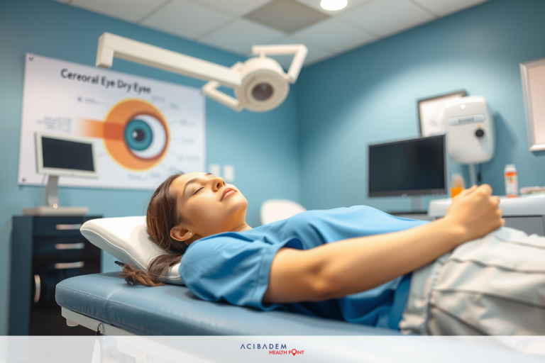 Does Laser Eye Corrective Surgery Work The image shows a medical setting, with a person lying on a medical examination table. They are wearing scrubs and appear to be undergoing an eye exam. In the background, there is medical equipment such as a slit lamp for eye exams.