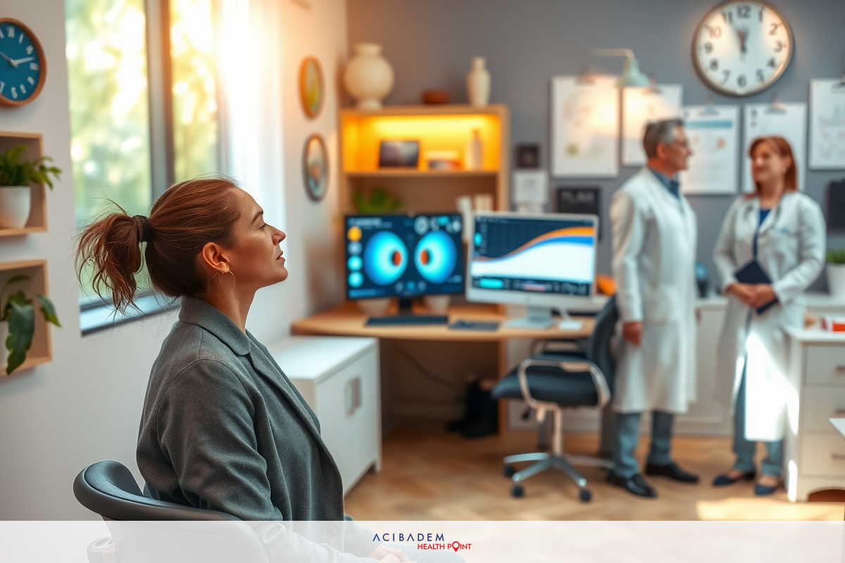 The image depicts a clinical setting with multiple individuals wearing white coats, which indicates they are medical professionals.