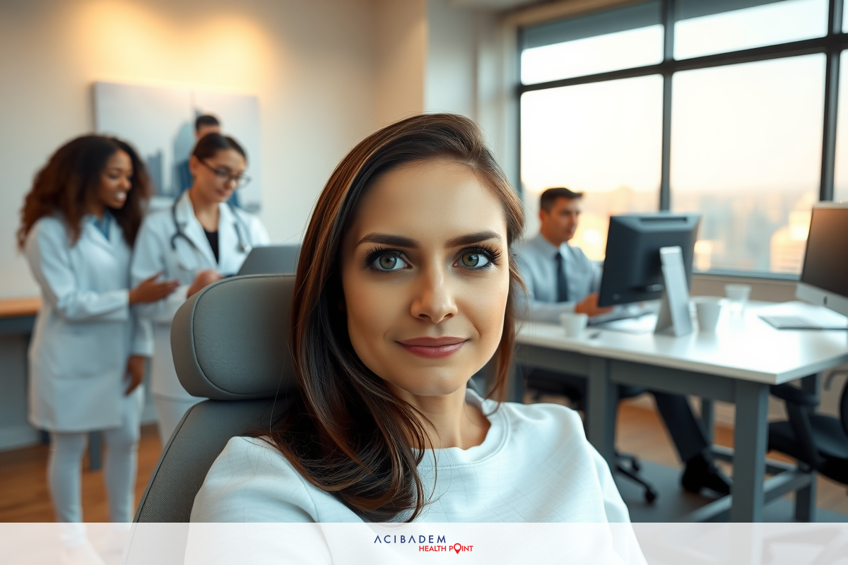 The image shows a professional office setting with a woman sitting in a chair and smiling at the camera. In the background, there are multiple people dressed in business attire working at computers, suggesting an environment of productivity and teamwork.