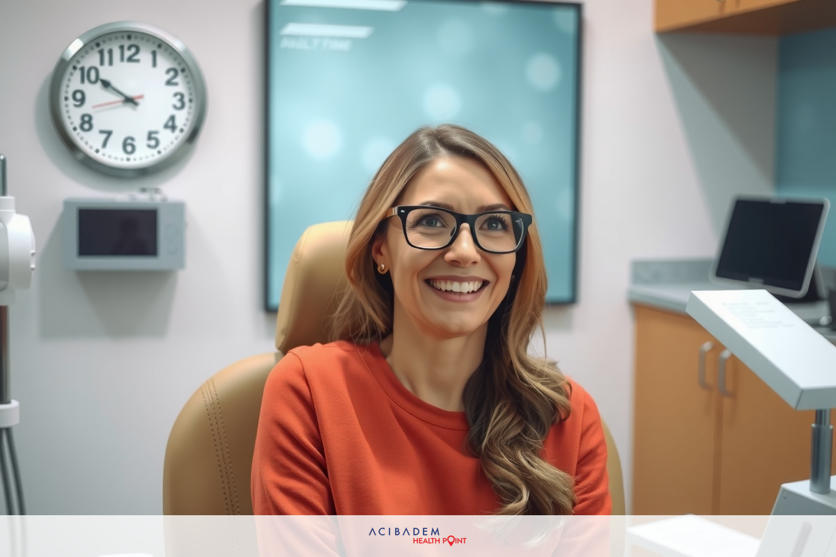 This image shows a woman sitting in what appears to be a medical examination room. She is wearing glasses and is smiling, suggesting she might be at ease or feeling confident about her visit.
