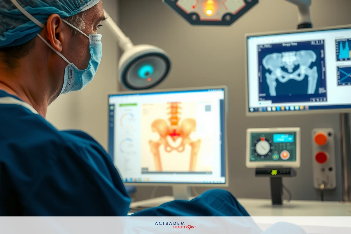 An image of a medical professional in full protective gear, sitting at a workstation with multiple computer monitors displaying medical imaging. The environment suggests an advanced medical or diagnostic facility.