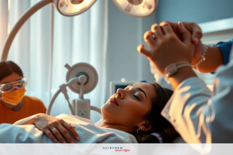 The image depicts a medical setting with several people in scrubs and surgical masks. A patient is lying on an operating table under what appears to be bright lighting, possibly indicating an active surgical procedure.