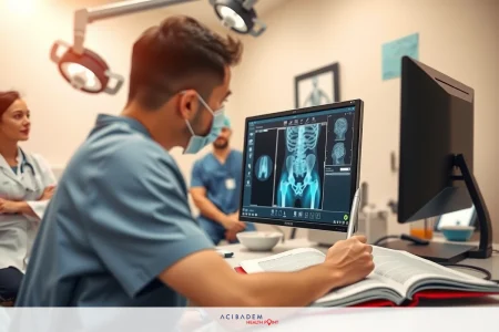 Medical professionals in a hospital setting. A doctor, likely a radiologist or orthopedic surgeon, is seen using an ultrasound machine to review medical imaging. The team includes at least two other individuals, possibly nurses or fellow doctors, who are observing the screen and contributing to the analysis.