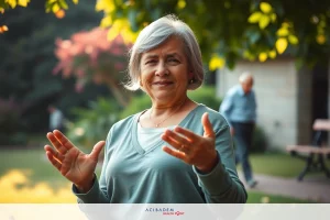 The image shows an older woman in a park-like setting with benches and trees. She has short gray hair, is wearing a long-sleeve shirt, and appears to be speaking or gesturing with her hands.